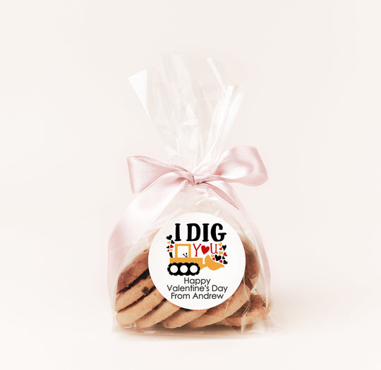 I Dig You Truck Valentine's Day Stickers - Personalized Valentine Round Sticker Labels - Classroom Valentines for School