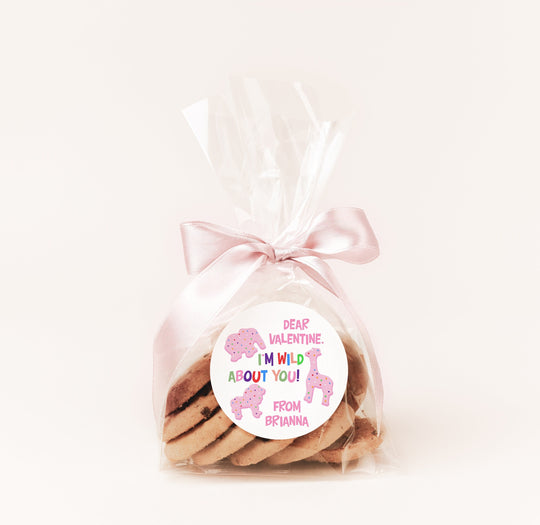 Animal Crackers - Valentine, I'm WILD About You! - Personalized Valentine Round Sticker Labels - Classroom Valentines for School