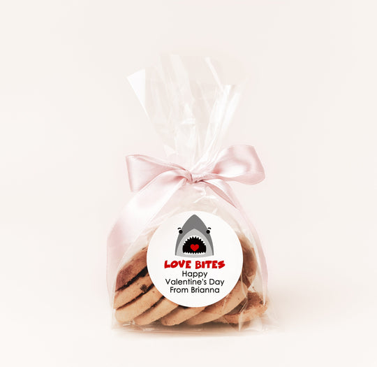 Love Bites Shark Valentine's Day Stickers - Personalized Valentine Round Sticker Labels - Classroom Valentines for School