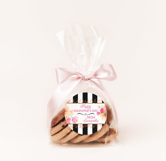 Heart, Watercolor Flowers & Black Stripes - Personalized Valentine Round Sticker Labels - Classroom Valentines for School