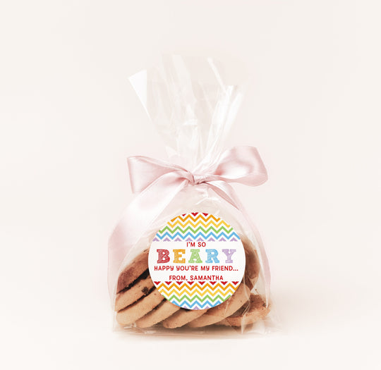 I'm BEARY Happy You're My Friend Valentine's Day Stickers - Personalized Valentine Round Sticker Labels - Classroom Valentines for School