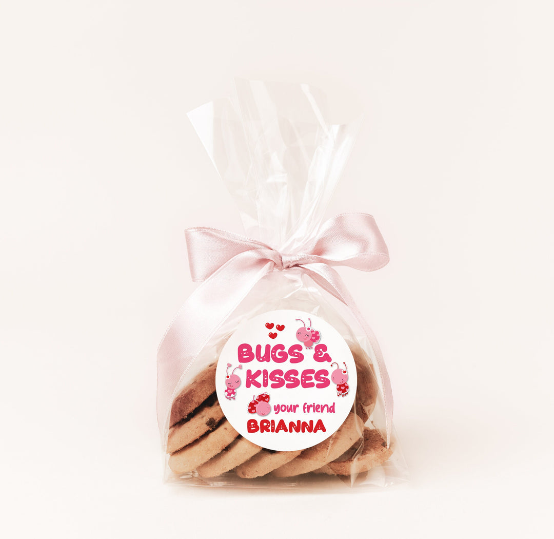 Bugs & Kisses Valentines Day Stickers - Personalized Love Bug Valentine Round Sticker Labels - Classroom Valentines for School