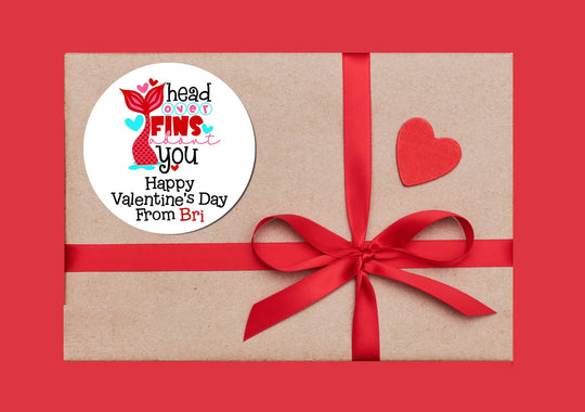 Head Over Fin About You Valentines - Personalized Valentine Round Sticker Labels - Classroom Valentines for School