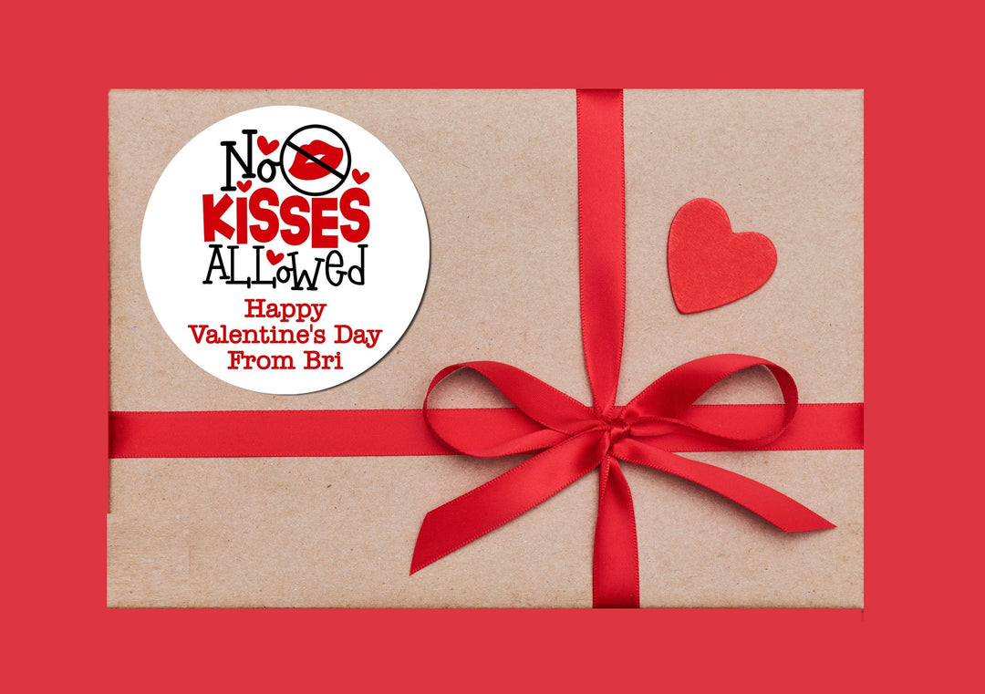 No Kissing Allowed Chocolate Valentines Day Stickers - Personalized Valentine Round Sticker Labels - Classroom Valentines for School