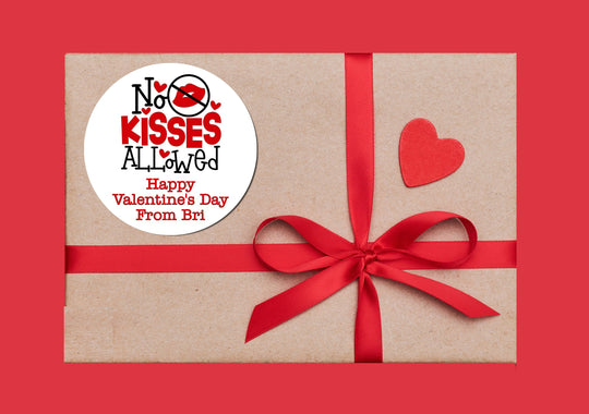 No Kissing Allowed Chocolate Valentines Day Stickers - Personalized Valentine Round Sticker Labels - Classroom Valentines for School