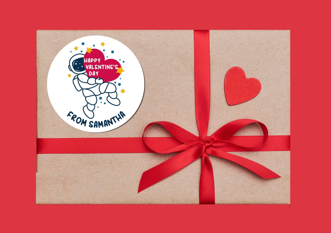 Astronaut Outer Space Valentines Day Stickers - Personalized Valentine Round Sticker Labels - Classroom Valentines for School