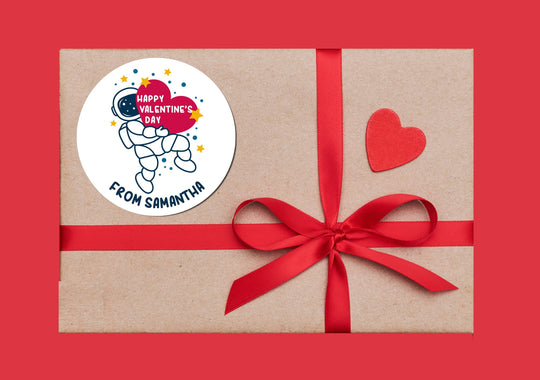 Astronaut Outer Space Valentines Day Stickers - Personalized Valentine Round Sticker Labels - Classroom Valentines for School