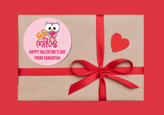 Be Mine Owl Valentines Day Stickers - Personalized Valentine Round Sticker Labels - Classroom Valentines for School