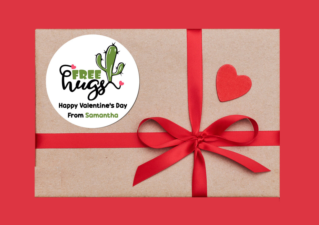 Free Hugs Cactus Valentines Day Stickers - Personalized Valentine Round Sticker Labels - Classroom Valentines for School
