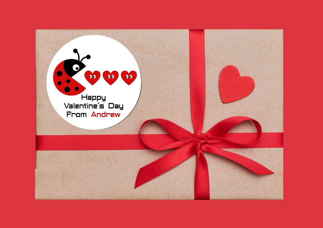 Ladybug Arcade Valentines Day Stickers - Personalized Valentine Round Sticker Labels - Classroom Valentines for School