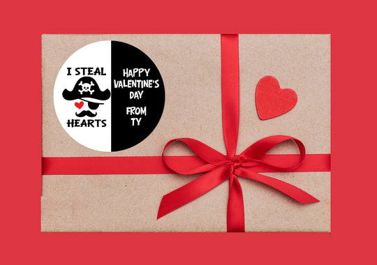I Steal Hearts Pirate Valentines Day Stickers - Personalized Valentine Round Sticker Labels - Classroom Valentines for School