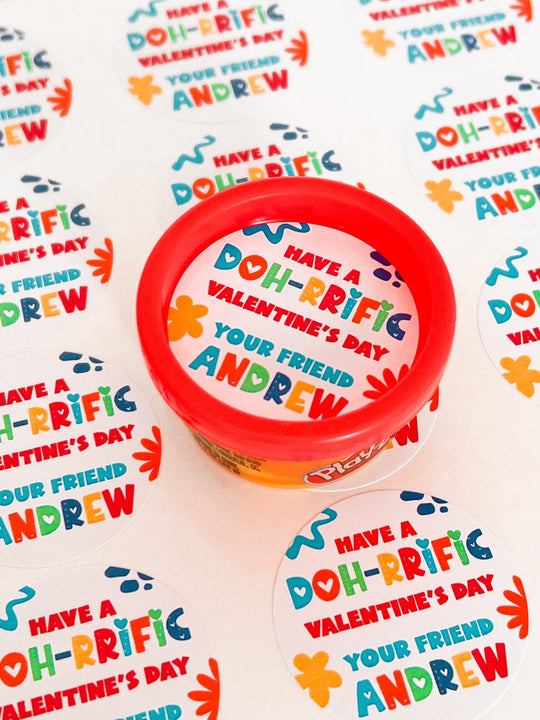 DOH Valentines Day Stickers - Personalized DOH-RRIFIC Valentine Round Sticker Labels - Classroom Valentines for School
