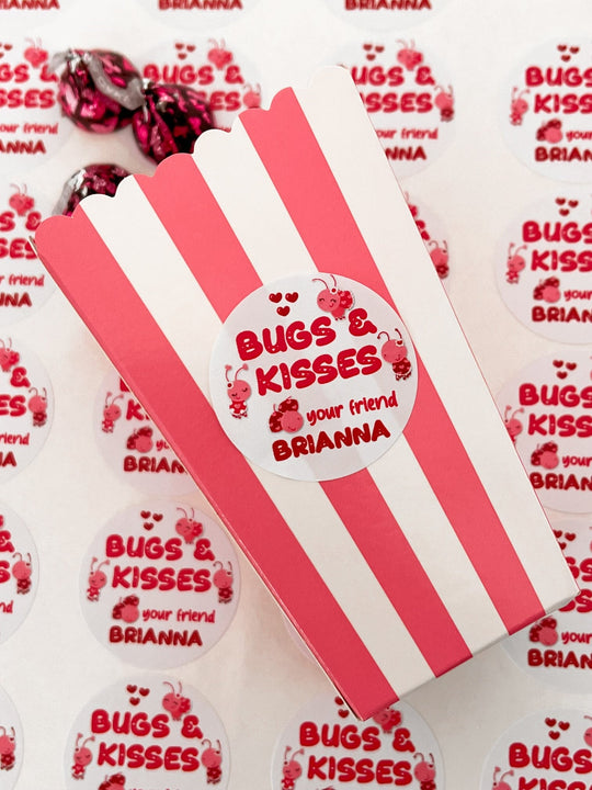 Bugs & Kisses Valentines Day Stickers - Personalized Love Bug Valentine Round Sticker Labels - Classroom Valentines for School