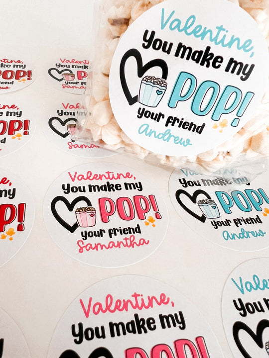 You Make My Heart Pop Valentines Day Stickers - Personalized Popcorn Red Valentine Round Sticker Labels - Classroom Valentines for School