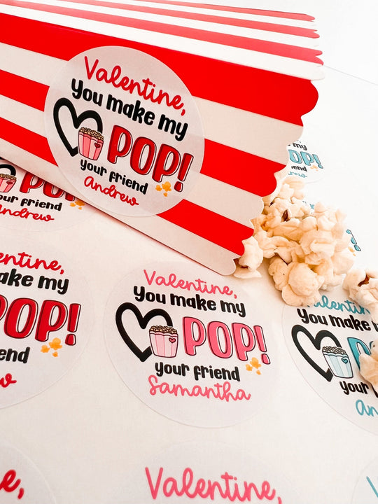 You Make My Heart Pop Valentines Day Stickers - Personalized Popcorn Blue Valentine Round Sticker Labels - Classroom Valentines for School