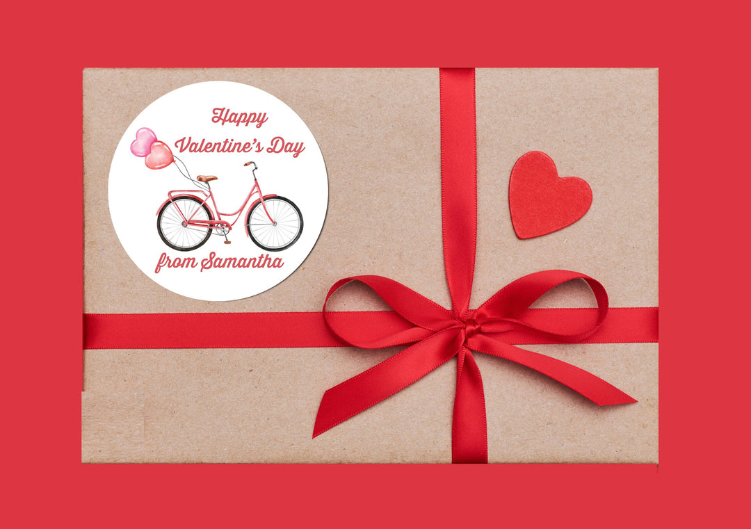 Watercolor Bicycle With Balloons Valentines Day Stickers - Personalized Valentine Round Sticker Labels - Classroom Valentines for School