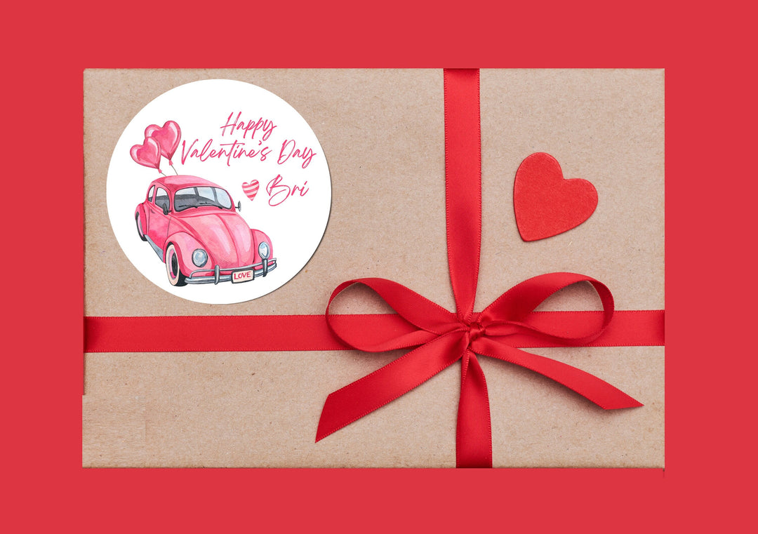 Love Bug Watercolor Valentines Day Stickers - Personalized Valentine Round Sticker Labels - Classroom Valentines for School
