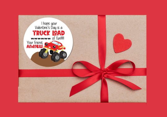 Monster Truck Valentines Day Stickers - Personalized Truck Load Valentine Round Sticker Labels - Classroom Valentines for School -