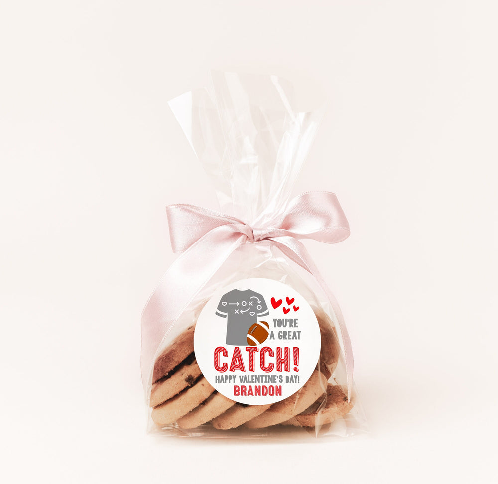 Football Valentines Day Stickers - Personalized You're A Great Catch Football Valentine Sticker Labels - Classroom Valentines for School
