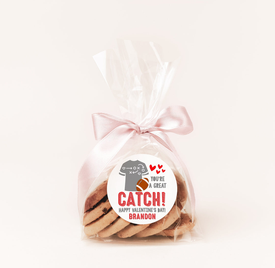 Football Valentines Day Stickers - Personalized You're A Great Catch Football Valentine Sticker Labels - Classroom Valentines for School