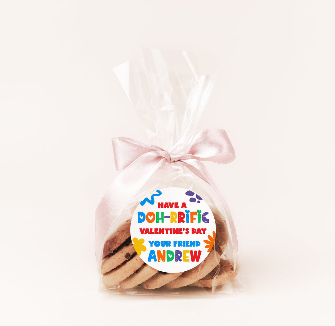 DOH Valentines Day Stickers - Personalized DOH-RRIFIC Valentine Round Sticker Labels - Classroom Valentines for School