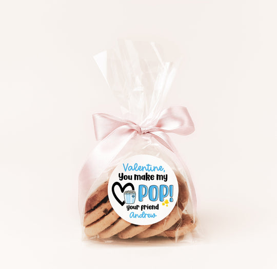 You Make My Heart Pop Valentines Day Stickers - Personalized Popcorn Blue Valentine Round Sticker Labels - Classroom Valentines for School