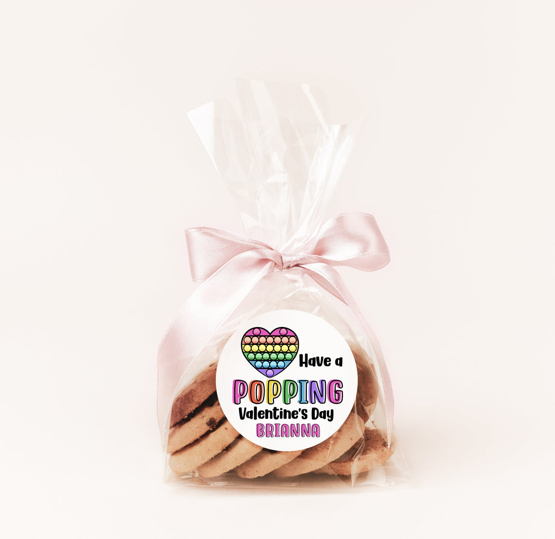 Pop It kids Valentines Day Stickers - Personalized Rainbow Pop It Valentine Round Sticker Labels - Classroom Valentines for School
