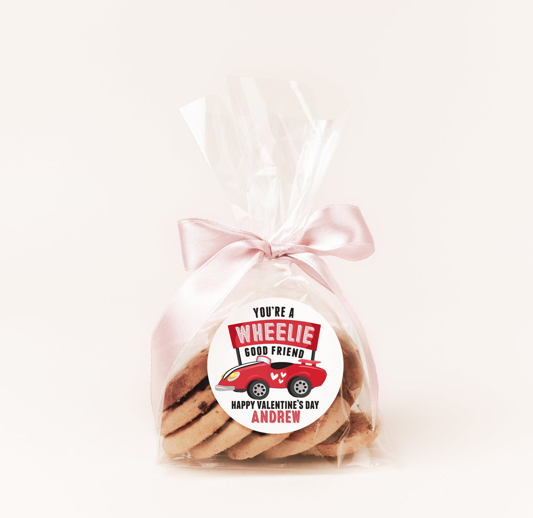 You're a wheelie good friend Valentines Day Stickers - Personalized Valentine Round Sticker Labels - Classroom Valentines for School