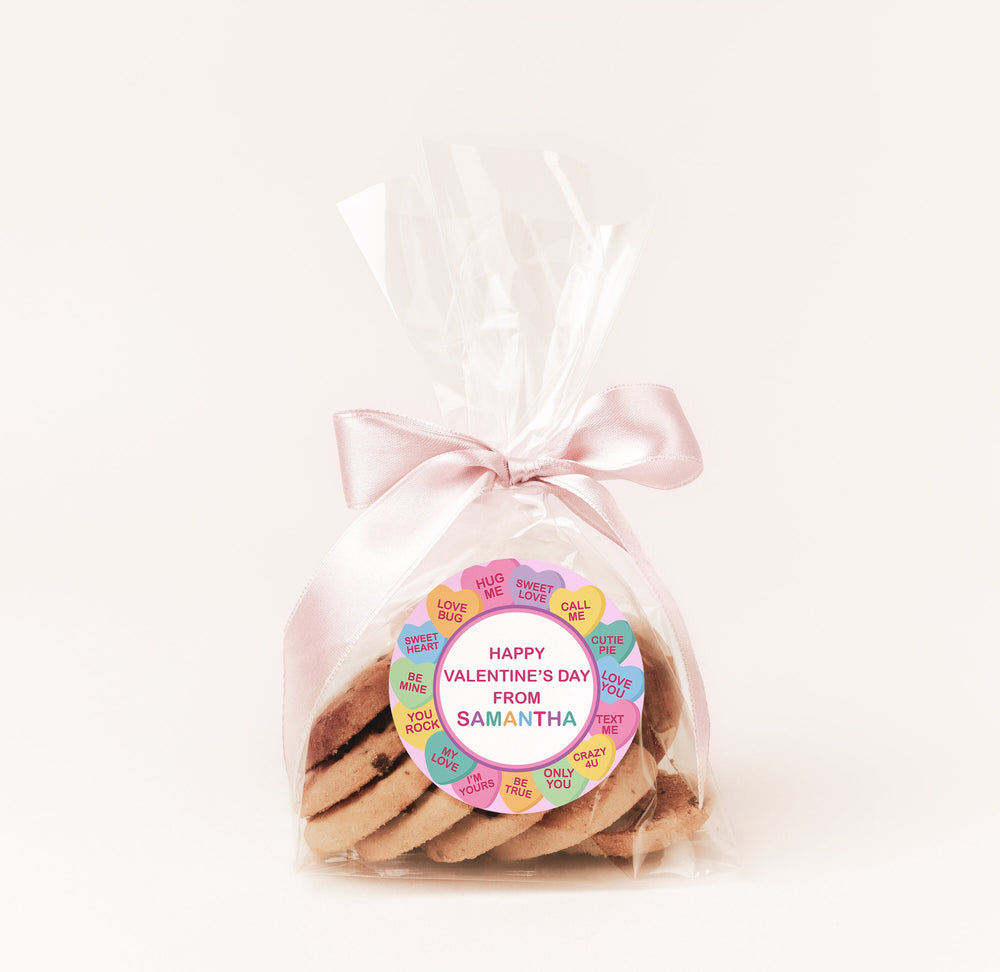 Candy Hearts Valentines Day Stickers - Personalized Valentine Round Sticker Labels - Classroom Valentines for School