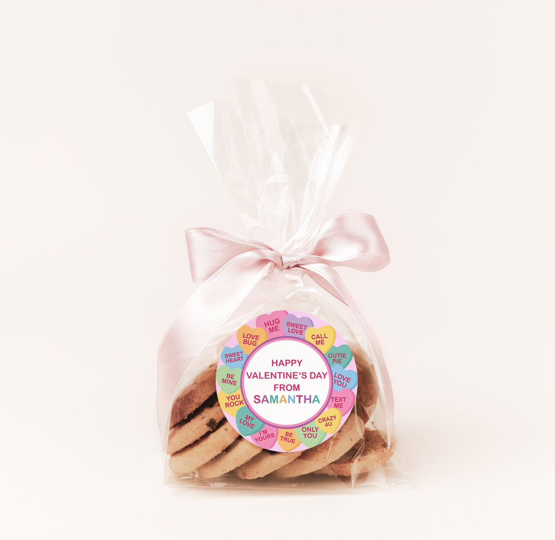 Candy Hearts Valentines Day Stickers - Personalized Valentine Round Sticker Labels - Classroom Valentines for School