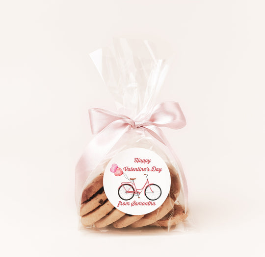 Watercolor Bicycle With Balloons Valentines Day Stickers - Personalized Valentine Round Sticker Labels - Classroom Valentines for School