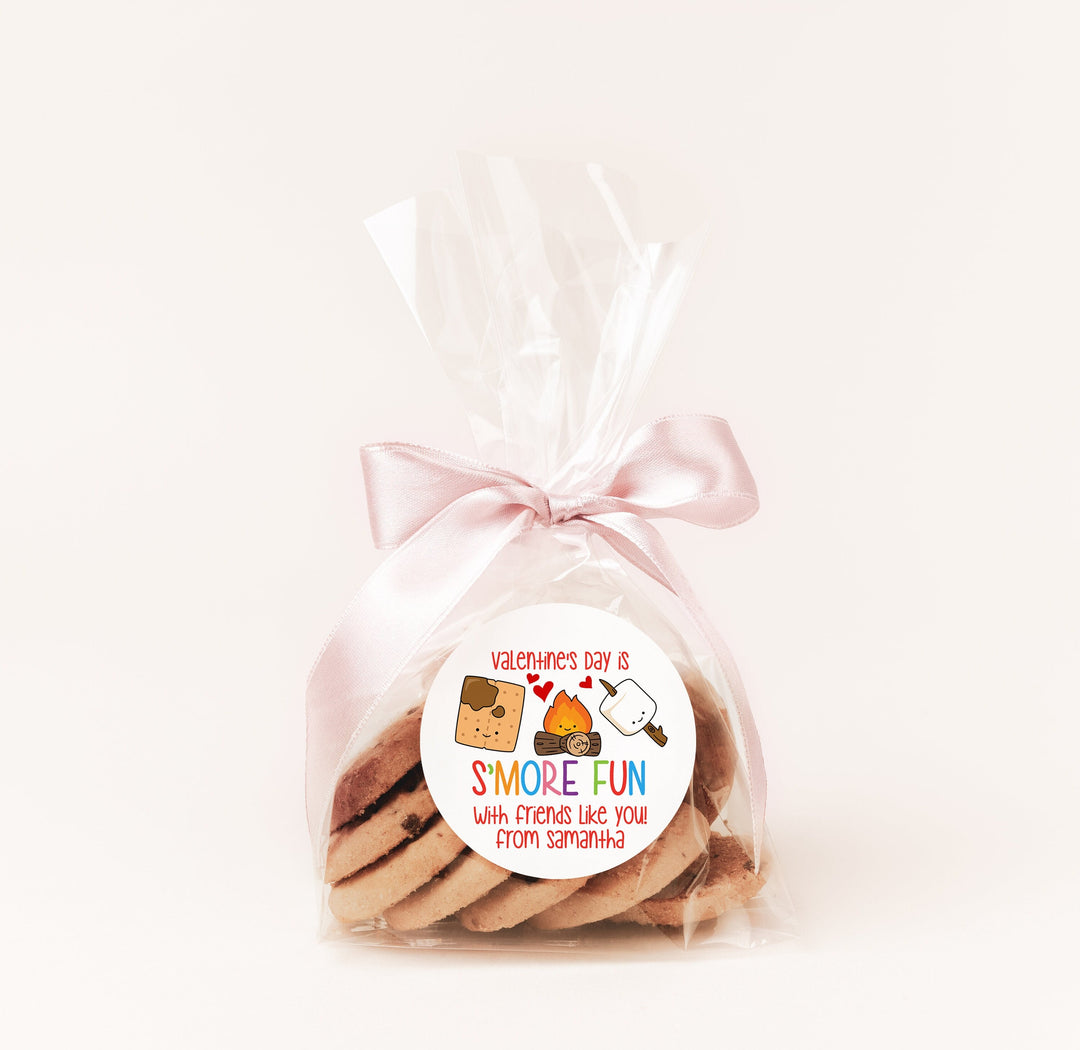 S'more Fun Valentines Day Stickers - Personalized Valentine Round Sticker Labels - Classroom Valentines for School