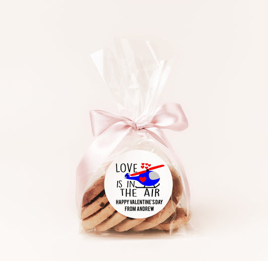 Love is in the Air Helicopter Valentines Day Stickers - Personalized Valentine Round Sticker Labels - Classroom Valentines for School