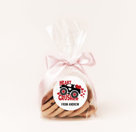 Heart Crusher Truck Valentine's Day Stickers - Personalized Valentine Round Sticker Labels - Classroom Valentines for School