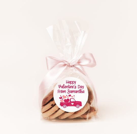 Pink Truck with Hearts Valentine's Day Stickers - Personalized Valentine Round Sticker Labels - Classroom Valentines for School