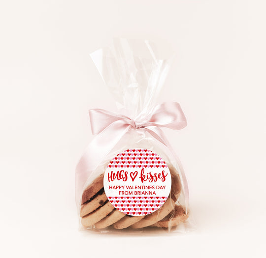 Hugs & Kisses Valentine's Day Stickers - Personalized Valentine Round Sticker Labels - Classroom Valentines for School