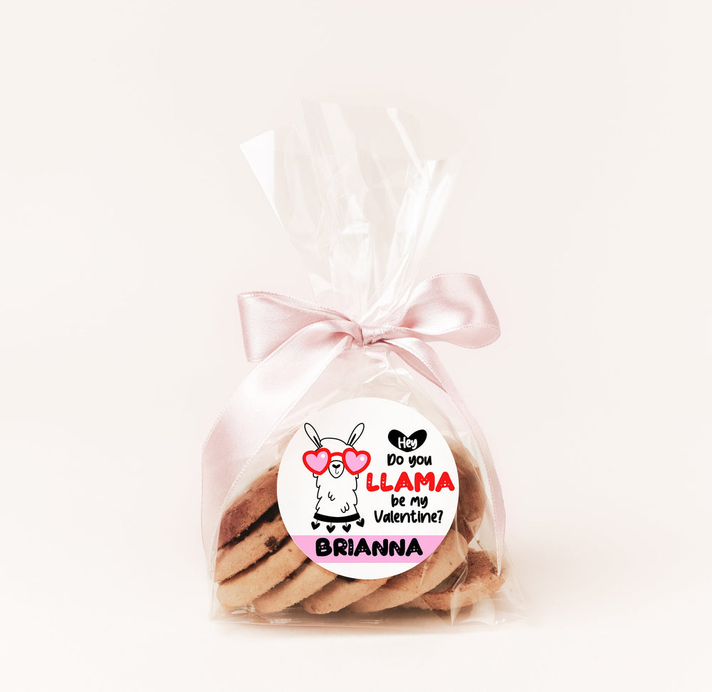 Llama Valentines Day Stickers - Personalized Llama Pink Valentine Round Sticker Labels - Classroom Valentines for School