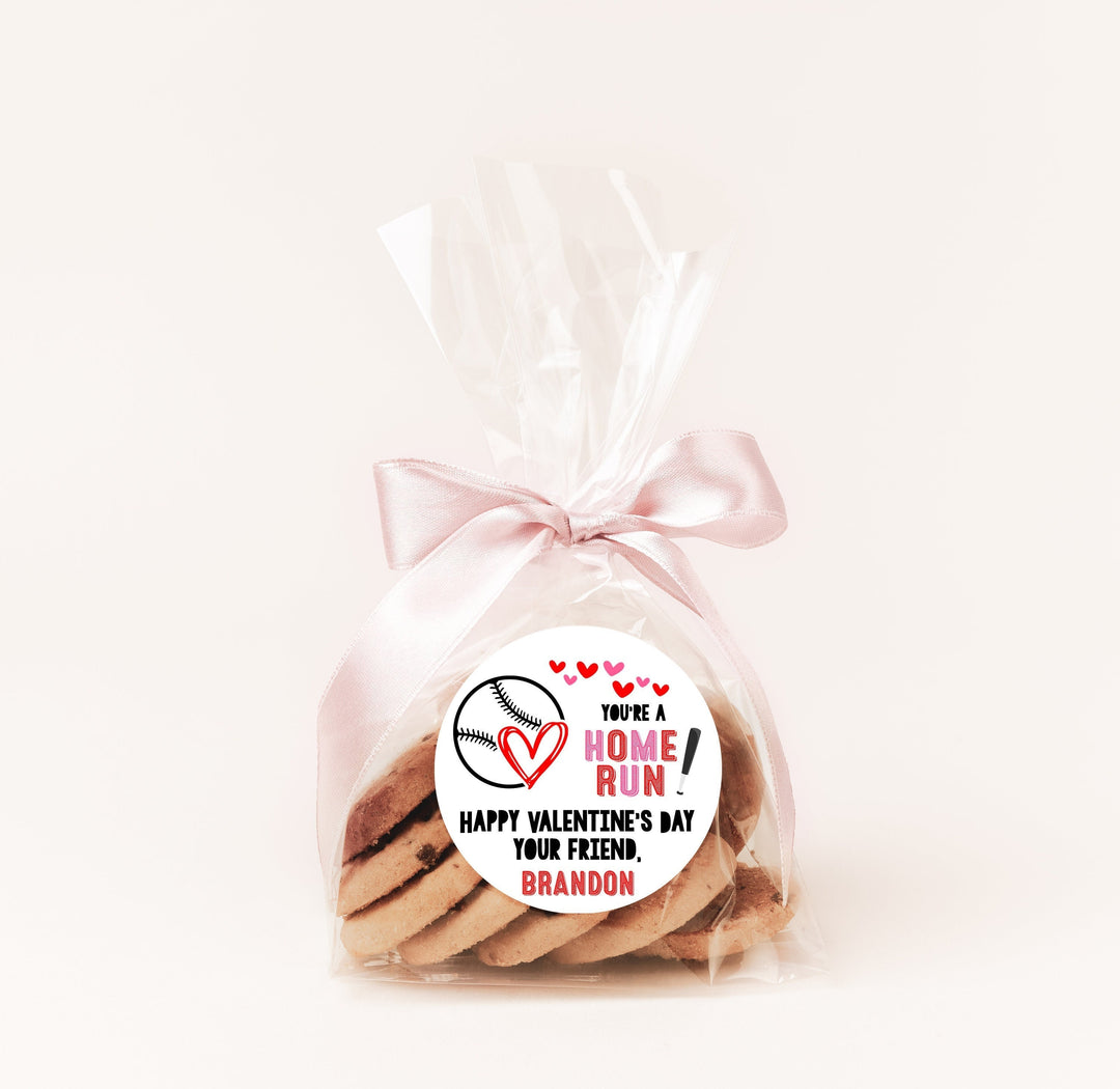Baseball Valentines Day Stickers - Personalized Valentine Round Sticker Labels - Classroom Valentines for School - Valentines Exchange
