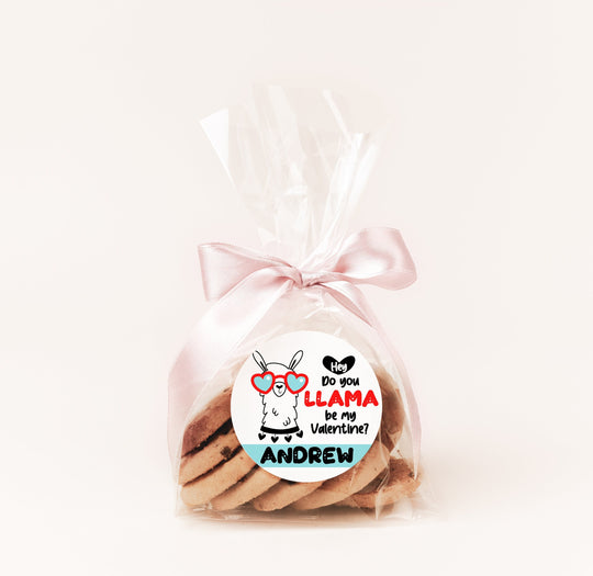 Llama Valentines Day Stickers - Personalized Llama Blue Valentine Round Sticker Labels - Classroom Valentines for School
