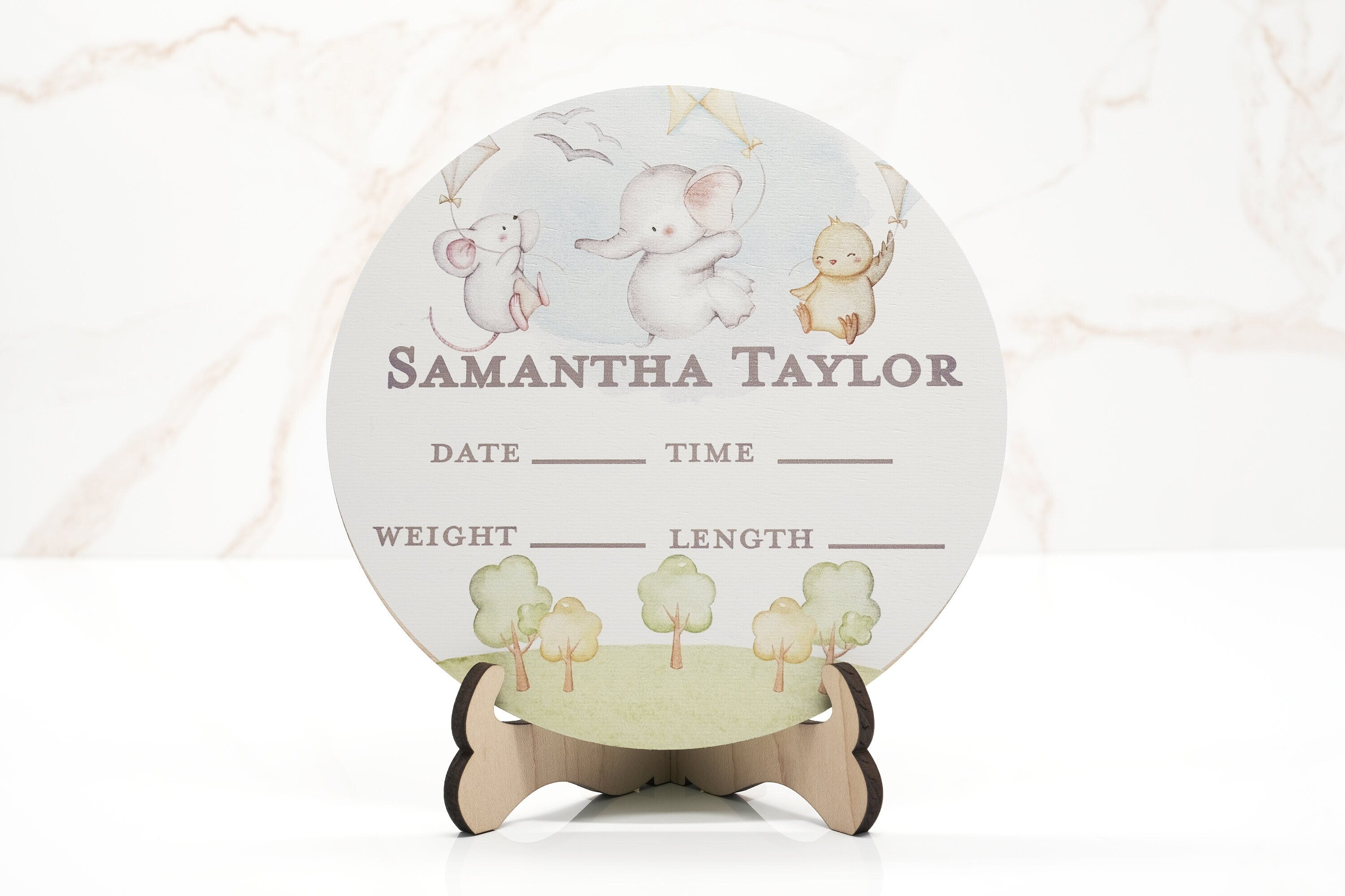 Elephant and Friends Birth Announcement Sign for Hospital, Personalized Baby Sign with Birth Stats, Wooden Hospital Announcement Baby Name