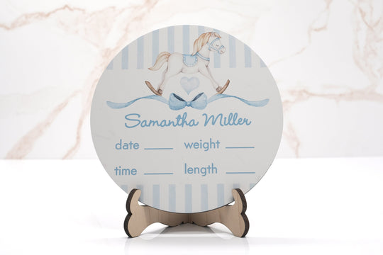 Rocking Horse Blue Birth Announcement Sign for Hospital, Personalized Baby Sign with Birth Stats, Wooden Hospital Announcement Baby Name