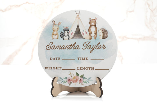 Tent and Animal Woodland Boho Tribe Birth Announcement Sign for Hospital, Personalized Baby Sign with Birth Stats, Wooden Hospital Announcement Baby Name