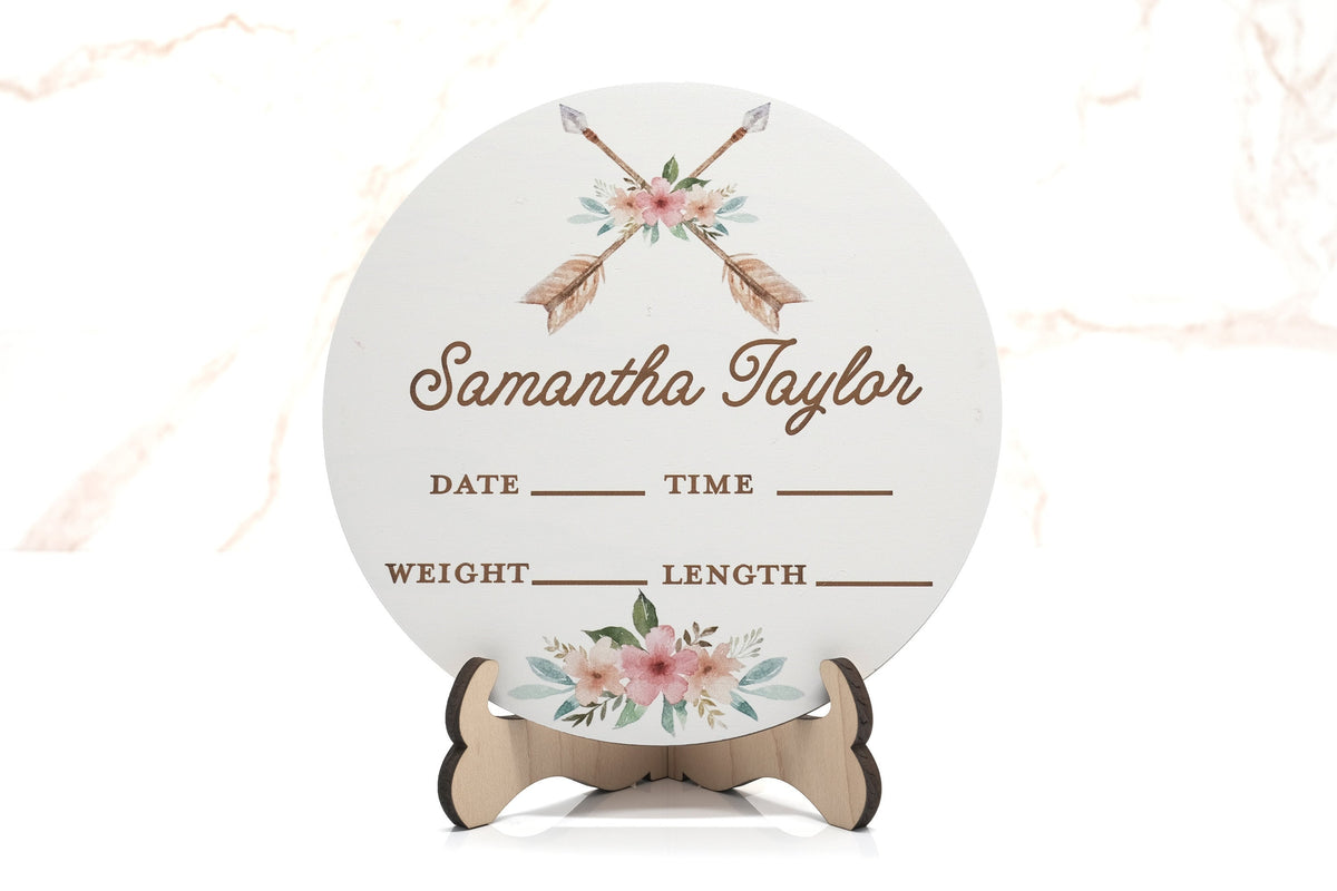 Crossed Arrows Woodland Boho Tribe Birth Announcement Sign for Hospital, Personalized Baby Sign with Birth Stats, Wooden Hospital Announcement Baby Name