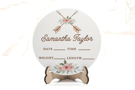 Crossed Arrows Woodland Boho Tribe Birth Announcement Sign for Hospital, Personalized Baby Sign with Birth Stats, Wooden Hospital Announcement Baby Name