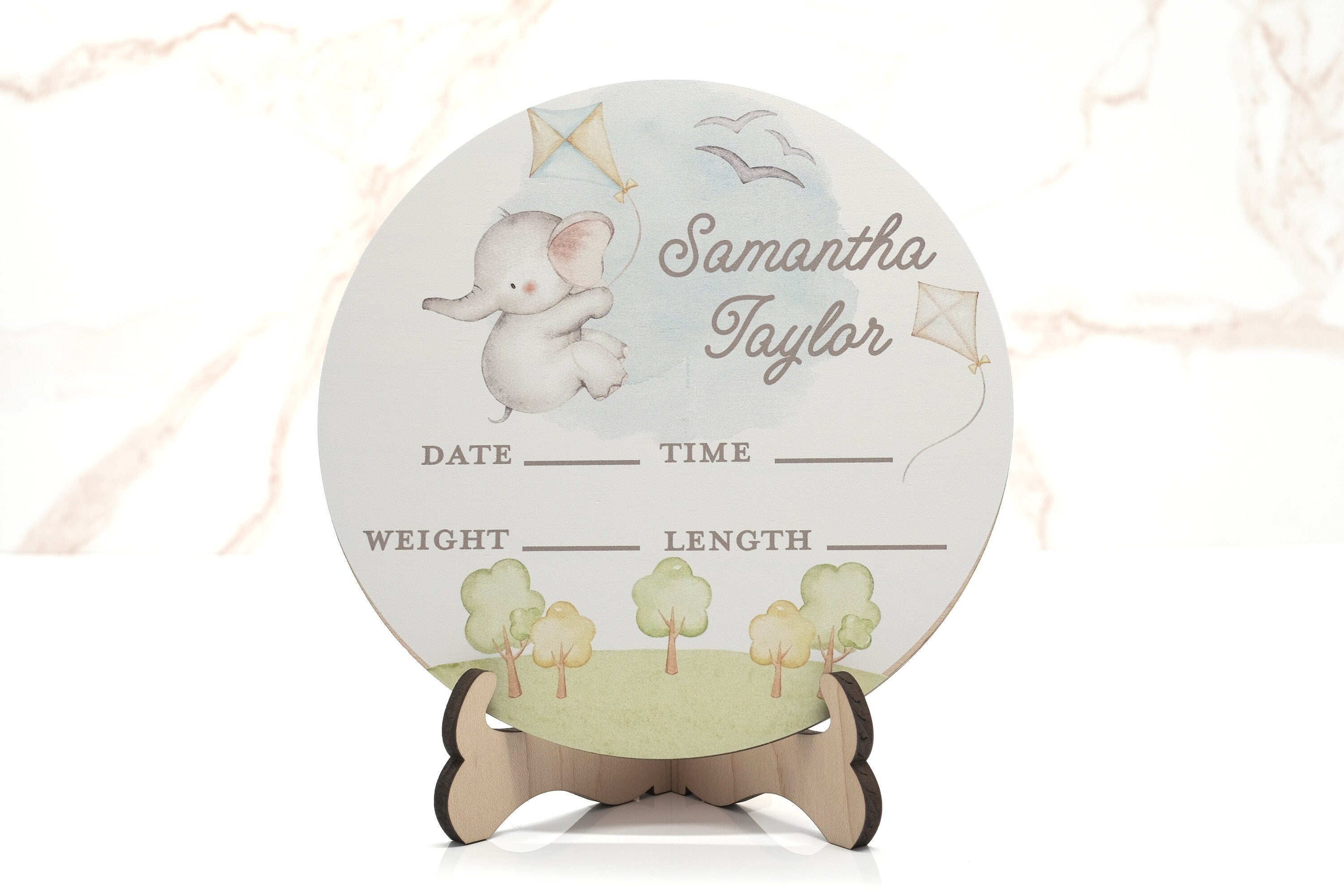 Elephant Kite Birth Announcement Sign for Hospital, Personalized Baby Sign with Birth Stats, Wooden Hospital Announcement Baby Name