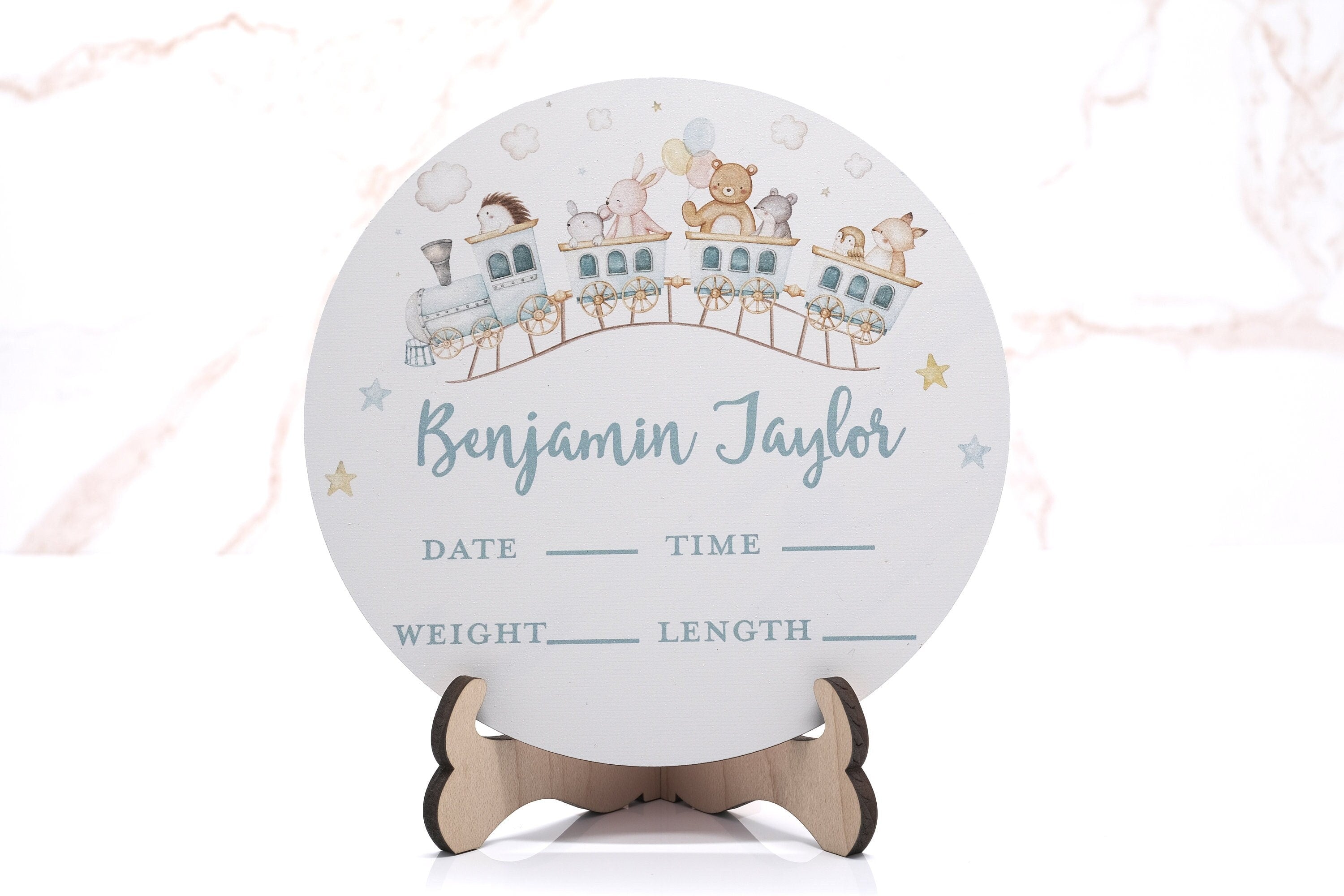 Woodland Animals Train Birth Announcement Sign for Hospital, Personalized Baby Sign with Birth Stats, Wooden Hospital Announcement Baby Name
