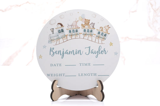 Woodland Animals Train Birth Announcement Sign for Hospital, Personalized Baby Sign with Birth Stats, Wooden Hospital Announcement Baby Name
