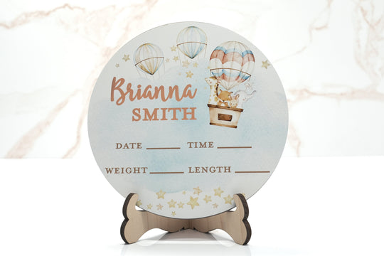 Hot Air Balloon Animals Birth Announcement Sign for Hospital, Personalized Baby Sign with Birth Stats, Wooden Hospital Announcement Baby