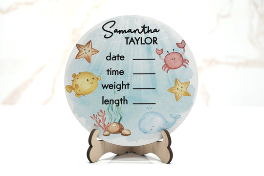 Under the Sea Watercolor Birth Announcement Sign for Hospital, Personalized Baby Sign with Birth Stats, Wooden Hospital Announcement Baby