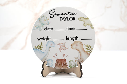 Dinosaur Watercolor Birth Announcement Sign for Hospital, Personalized Baby Sign with Birth Stats, Wooden Hospital Announcement Baby Name
